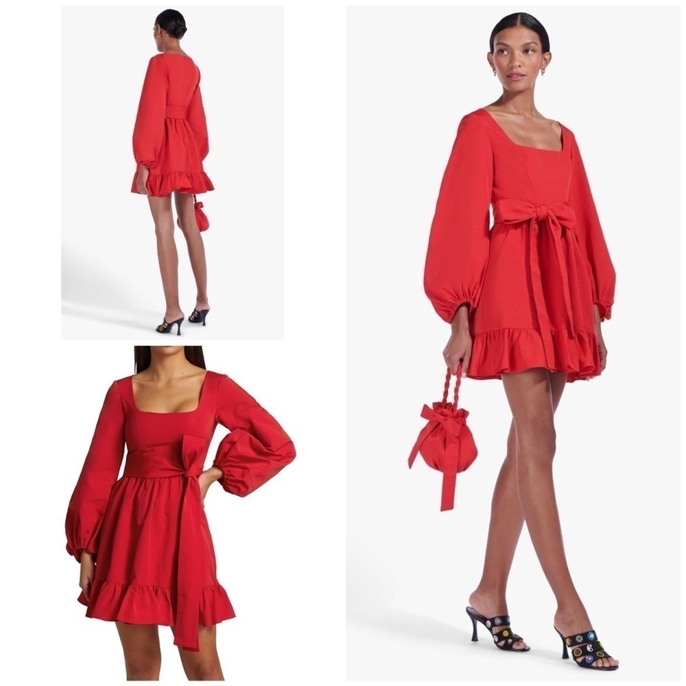 NWT STAUD Seth Red Flounce Sleeves Romantic Cottagecore Ruffle  Cocktail Dress 8